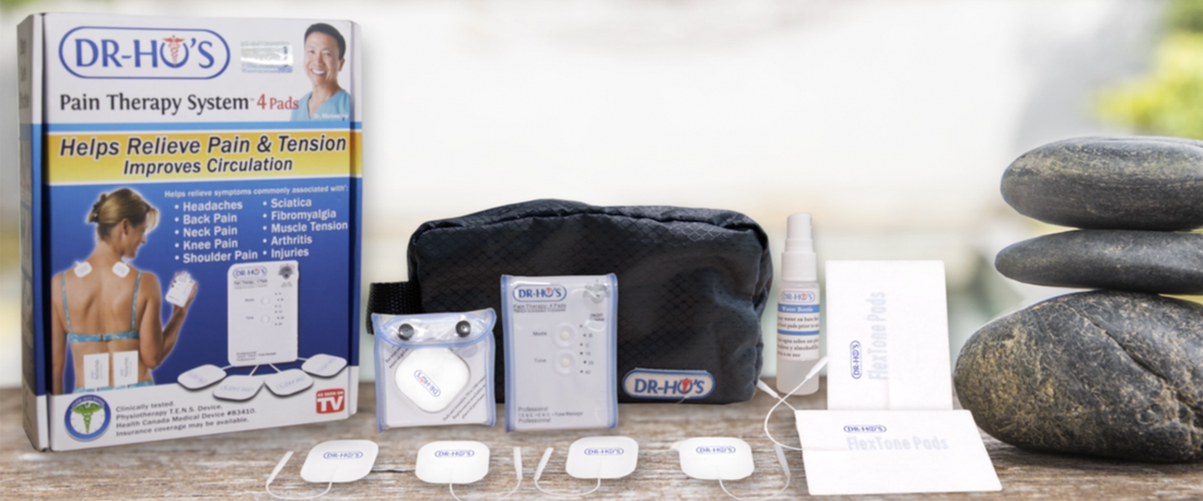 Fotografía del contenido de la caja del DR. HO’S® PAIN THERAPY SYSTEM.