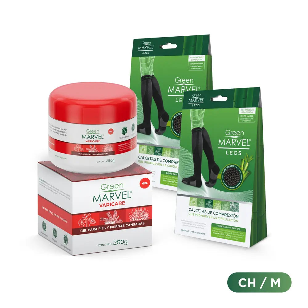 Green Marvel Legs 2-piece set in cream and green, plus Green Marvel Varicare 250g for leg care and varicose vein relief.