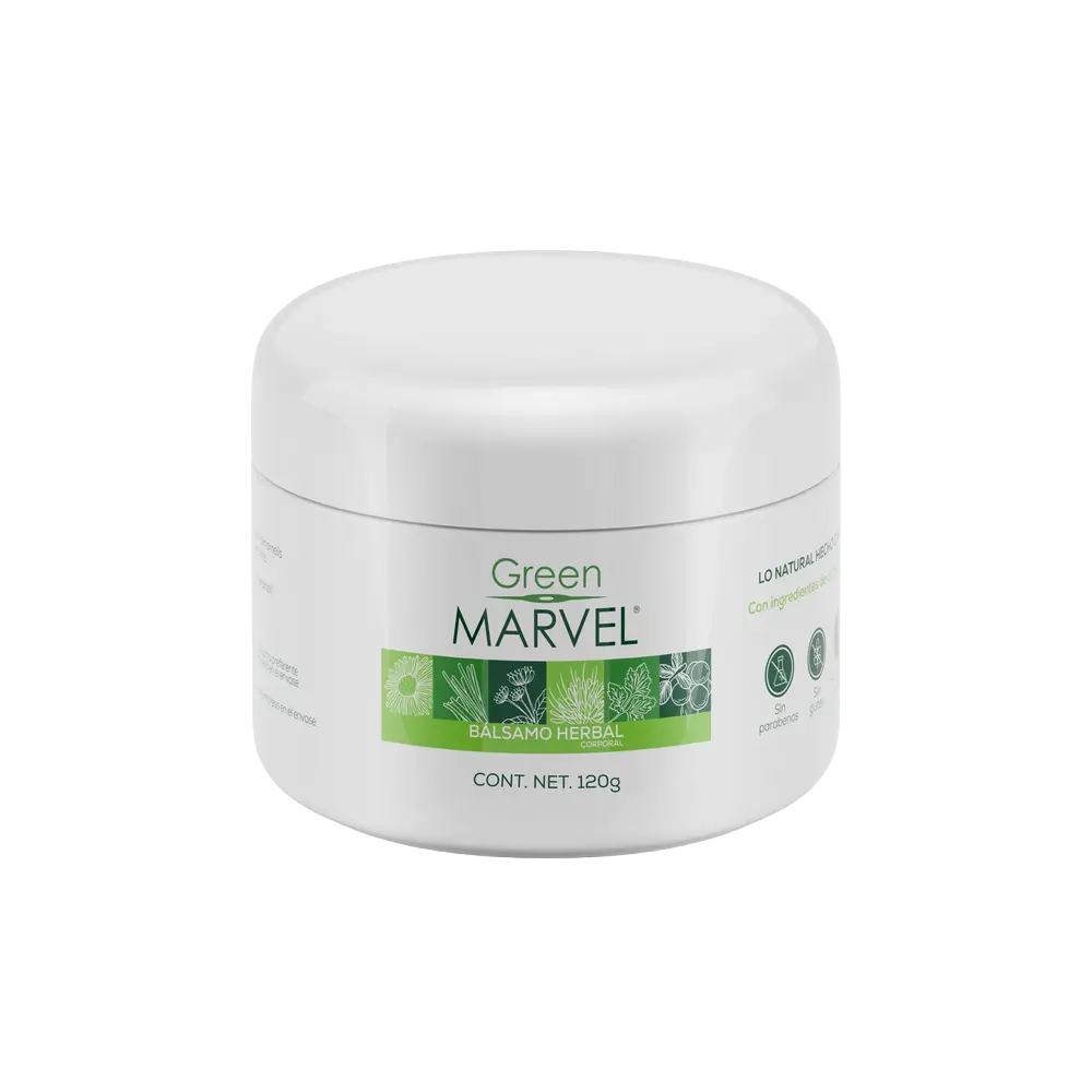 Green Marvel 120g, bálsamo herbal corporal, empaque frontal.