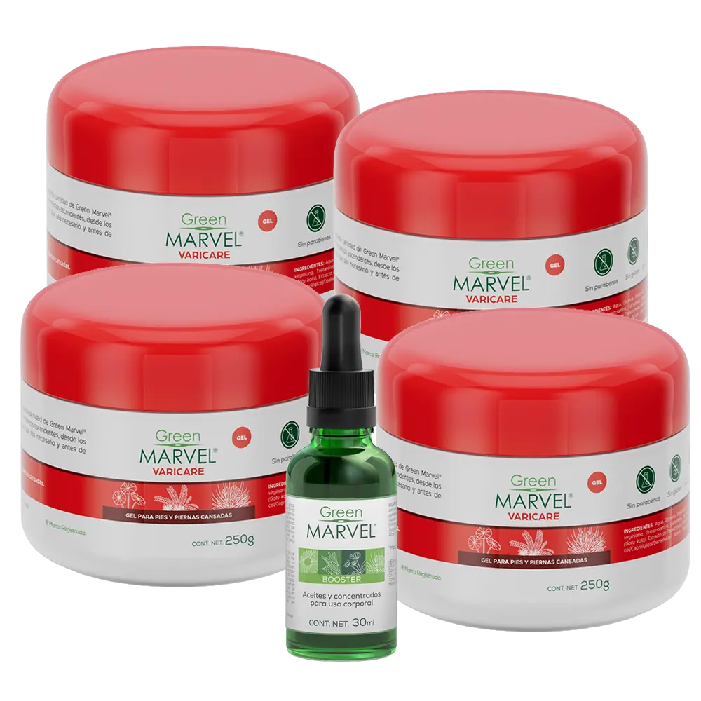 Green Marvel Varicare 250g pack with four units and one GM Booster, featuring green packaging and nutritional supplements.