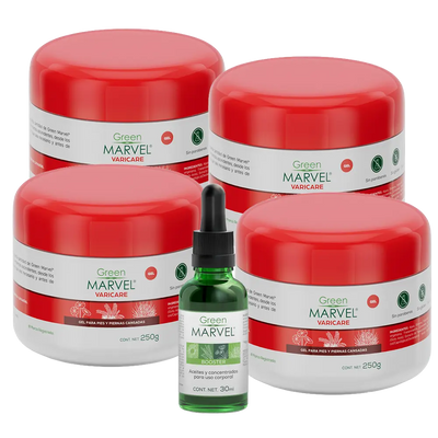 Green Marvel Varicare 250g pack with four units and one GM Booster, featuring green packaging and nutritional supplements.