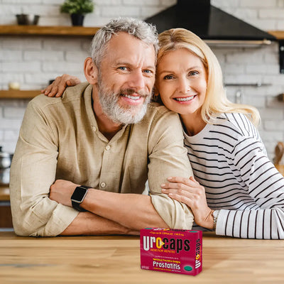 Urocaps supplement capsules in a white bottle, designed to support urinary comfort and reduce discomfort.