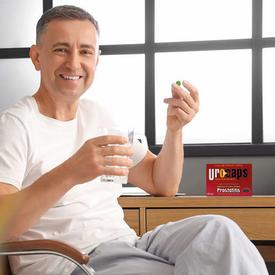 Urocaps supplement capsules in a white bottle, designed to support urinary comfort and reduce discomfort.