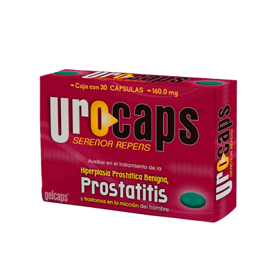 Urocaps supplement capsules in a white bottle with blue and green label, designed to support urinary comfort.
