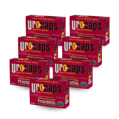 Urocaps supplement capsules in a white and blue bottle, designed to support urinary comfort and reduce discomfort.