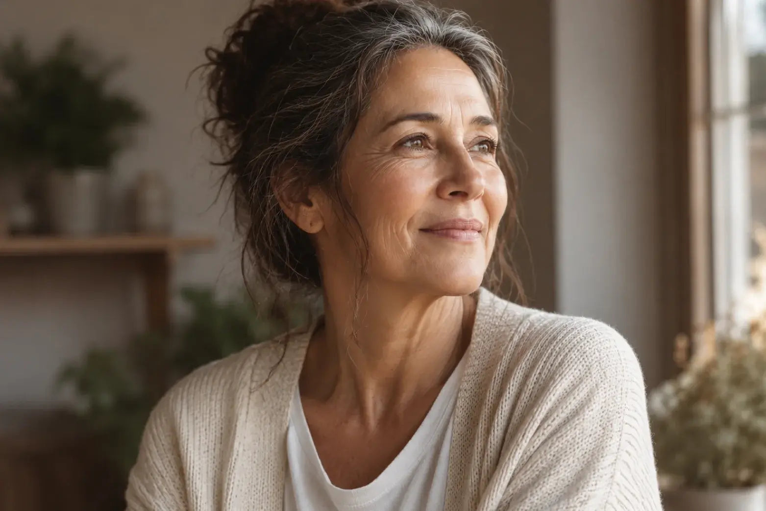 Mujer 48–55 años, expresión de alivio tranquilo