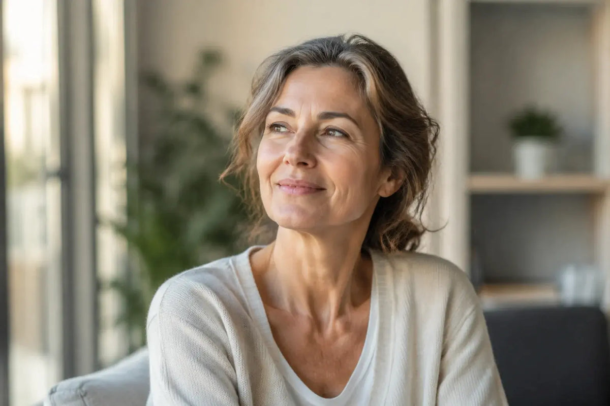 Mujer 48–55 años, expresión de alivio tranquilo