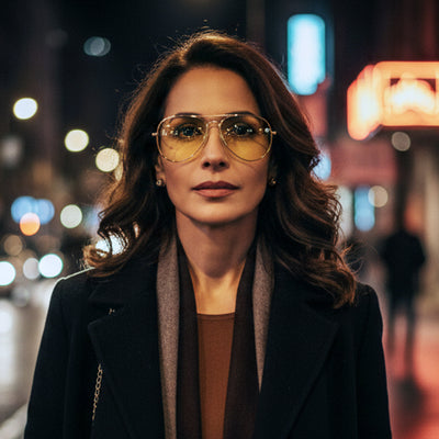 Eagle Eyes Freedom Gold Kit with two pairs of gold-tinted sunglasses, cleaning kit, and protective case for outdoor use.