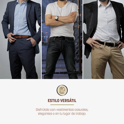 Hombre usando cinturón ajustable negro con traje formal